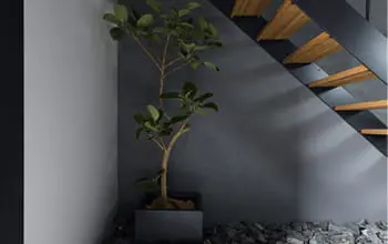 黒い鉄骨階段の下に設けられた坪庭風スペース